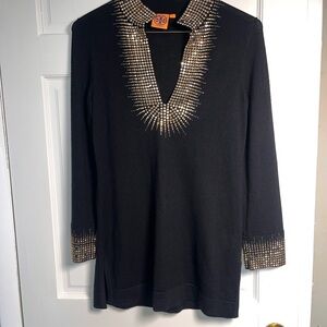 Tory Burch Black Knit Top Size S Gold Stud Embellished Neckline